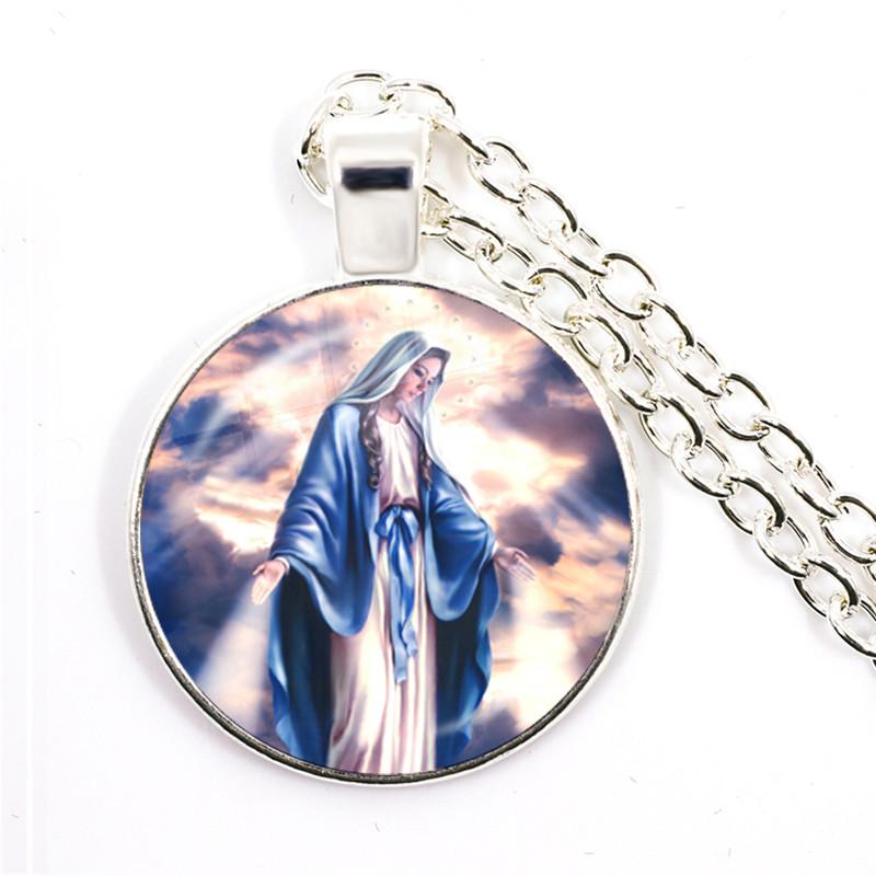 Virgin Mary and Baby Jesus Christian Catholicism Jewelry Necklace Blessed Mother Religious Art Glass Cabochon Dome Pendant Gift