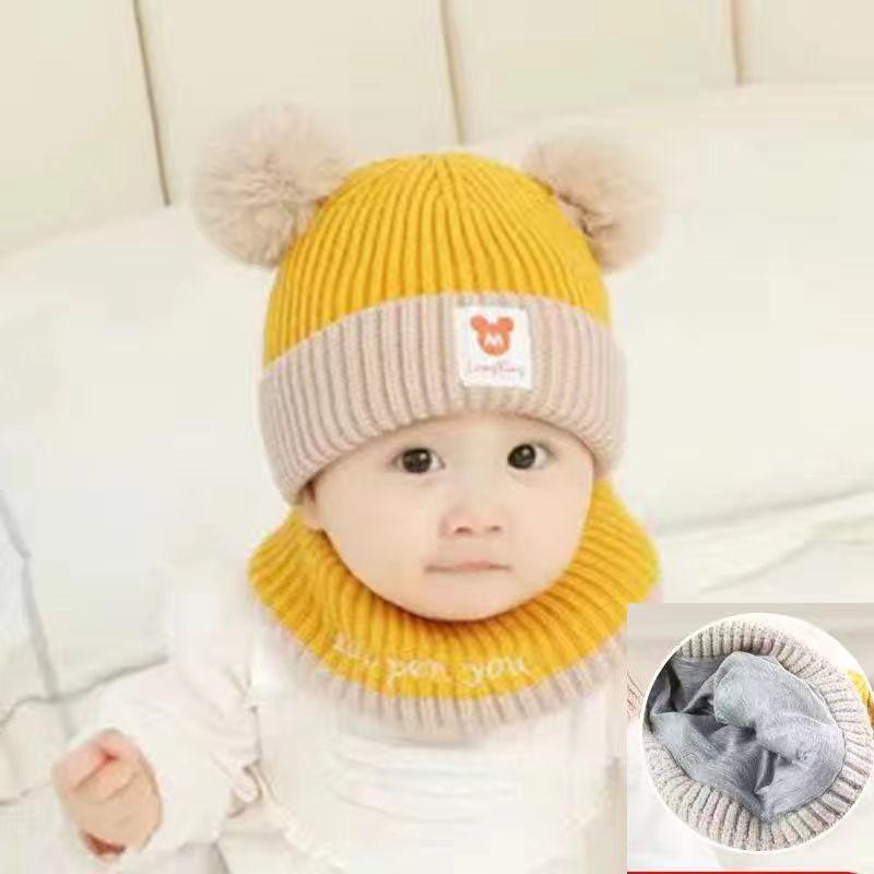Baby Boy and Girl Baby Hat Autumn and Winter Cute Ball Velvet Thickened Windproof Ear Protection Children's Hat Scarf Knitted Hat