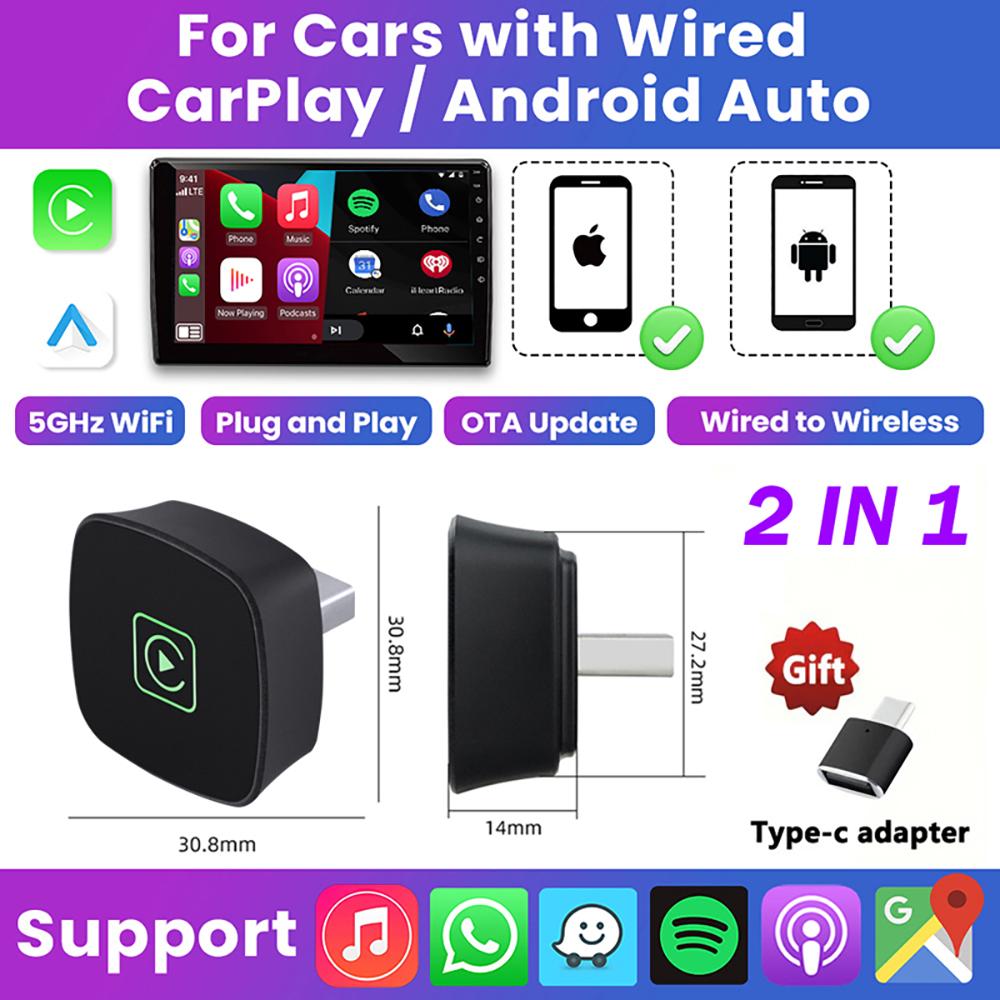 

5 в 1 Android 14 CarPlay AI Box Беспроводной Carplay Android Auto и Apple Carplay Встроенный Netflix YouTube 5G WIfi Plug & Play