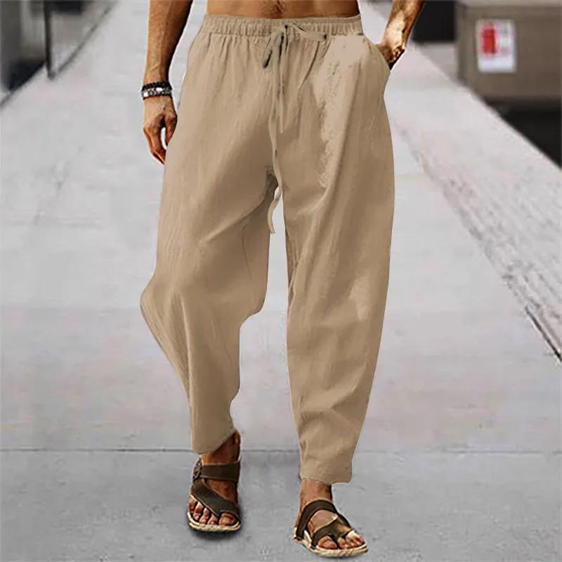 

Summer Men s Breathable Pants Cotton and Linen Male Solid Color Mens Versatile Basic Trousers Loose Fitness Causal Plus Size 5XL бежевий