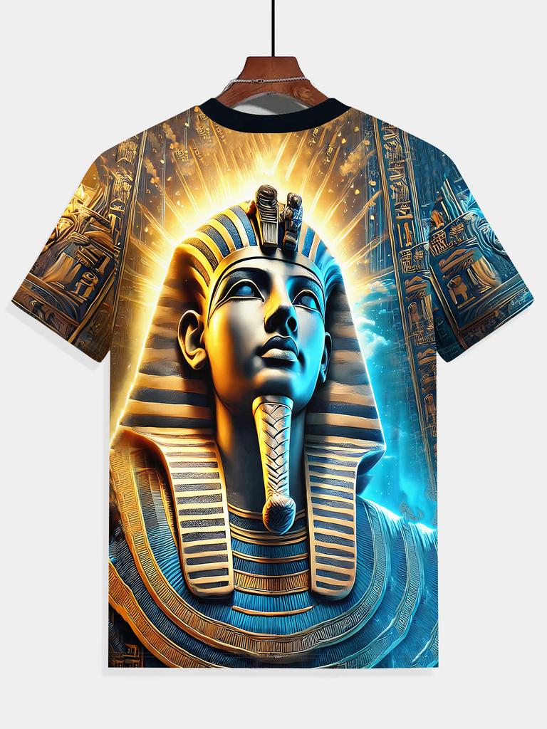 3D Egyptian Pharaoh Print Men'S Casual T-Shirt – Summer Breathable Outdoor Wear, Trendy Round Neck Design for Running, Gym & Daily Style, Perfect Gift