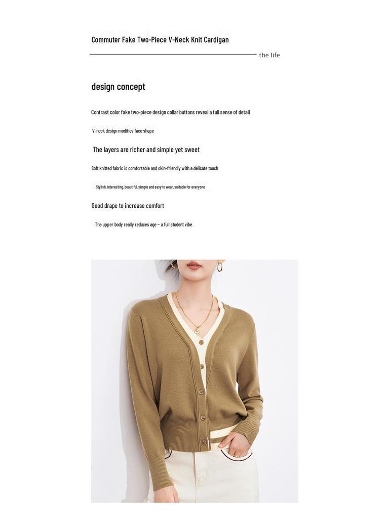 Contrast Color V-Neck Two-Piece Look Cardigan - Fashionable, Simple, Versatile Knitted Top for Women