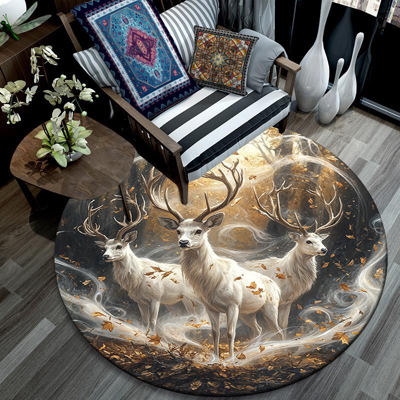 Enchanted Forest Deer Round Area Rug,Carpet Rug for Living Room Bedroom Sofa Playroom Decor,Non-slip Floor Mat