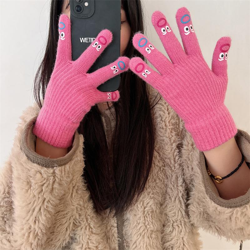 1 Pair Women'S Funny Facial Expression Knitted Gloves Full Finger Gloves Soft Crochet Mittens Cartoon Expression Driving Glove