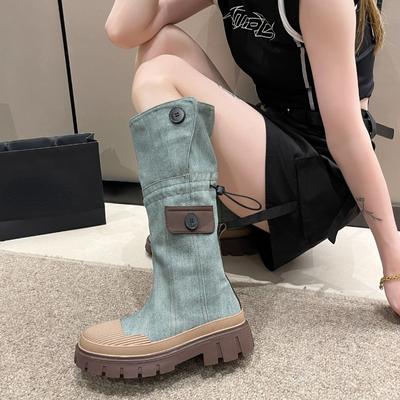 Street Fashion Damen Denim Stiefel 2024 Neue Herbst Winter Plateau Damen Kniehohe Stiefel Retro Hohe Stiefel Zapatos Chunky Mujer