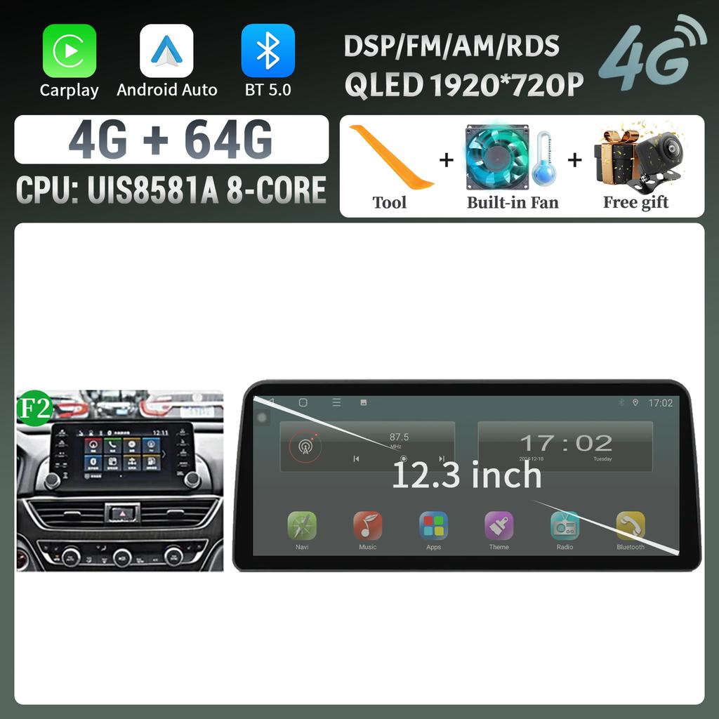 Android 14 12.3inch Screen For Honda Accord 10 2018 2019 2020 2022 Car Radio Multimedia Navigation 4G Wireless BT CarPlay Stereo