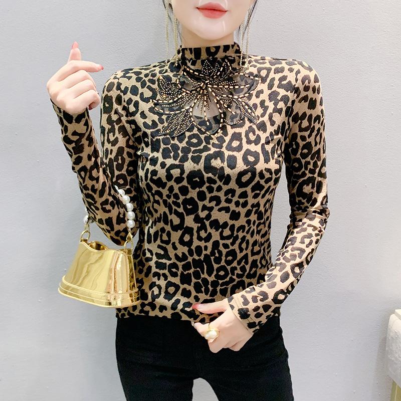 

Новая полуводолазка с длинными рукавами и леопардовым принтом футболка женская облегающая ретро-пуловер нижняя рубашка 3XL