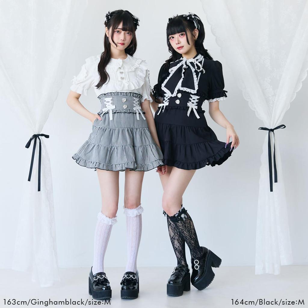 [Yumetembo] Mass-produced Landmine Style Clothing [Dear My Love] Women's Lace-Up Tiered Skirt 534459 Gingham Black