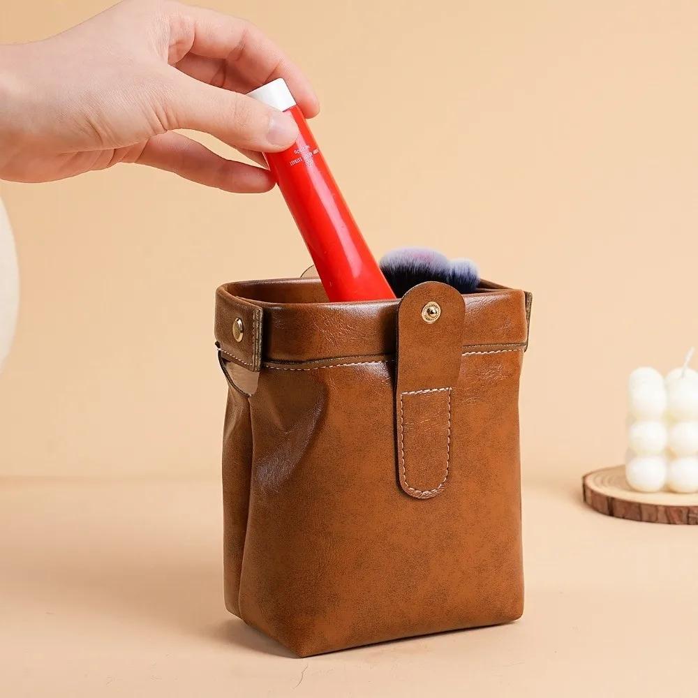 Fashion Vintage PU Leather Cosmetic Bag Solid Color Button Coin Purse Large Capacity Makeup Case