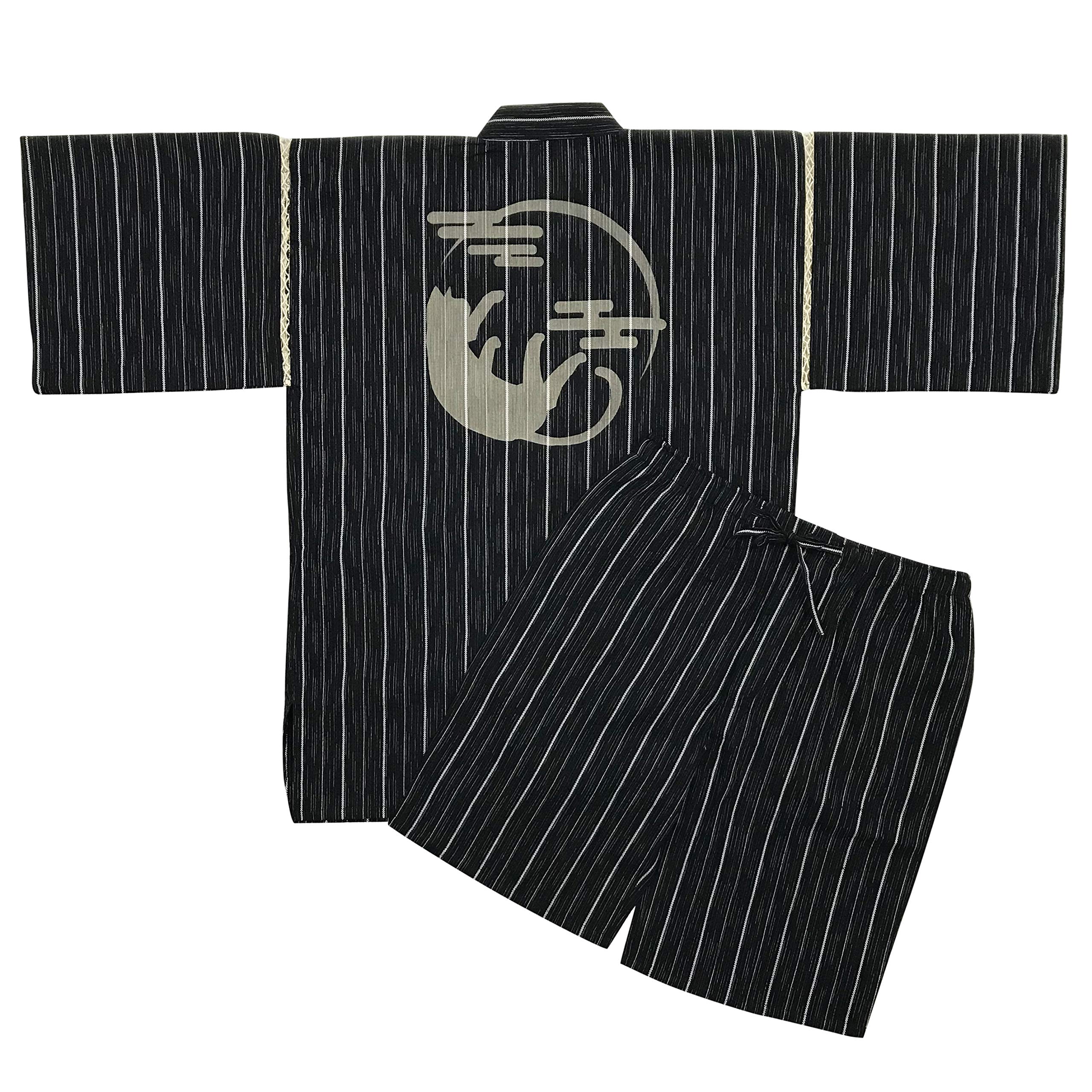 

Jinbei Shijira Weave Cool Summer Cotton Discharge Printed Cat Pattern Original Pattern Crescent Cat Black Striped 5L [Edo Ten] 100% Мужская