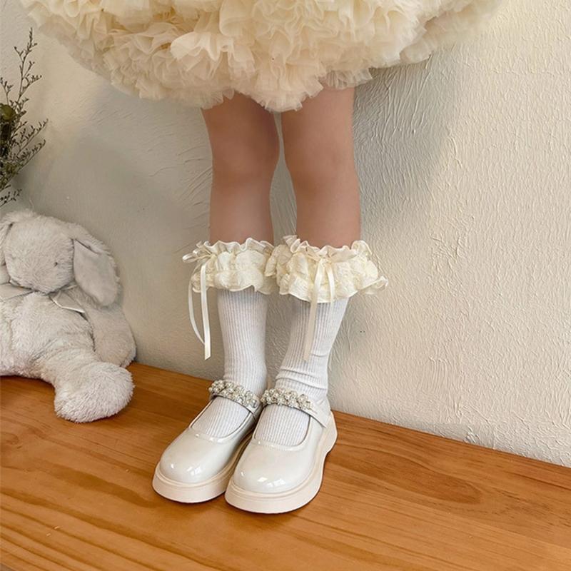 Breathable Cotton Hosiery Socks for Girls Toddler Stretchy Knee High Socks Puff Edge Lace Bows Socks for Autumn Spring