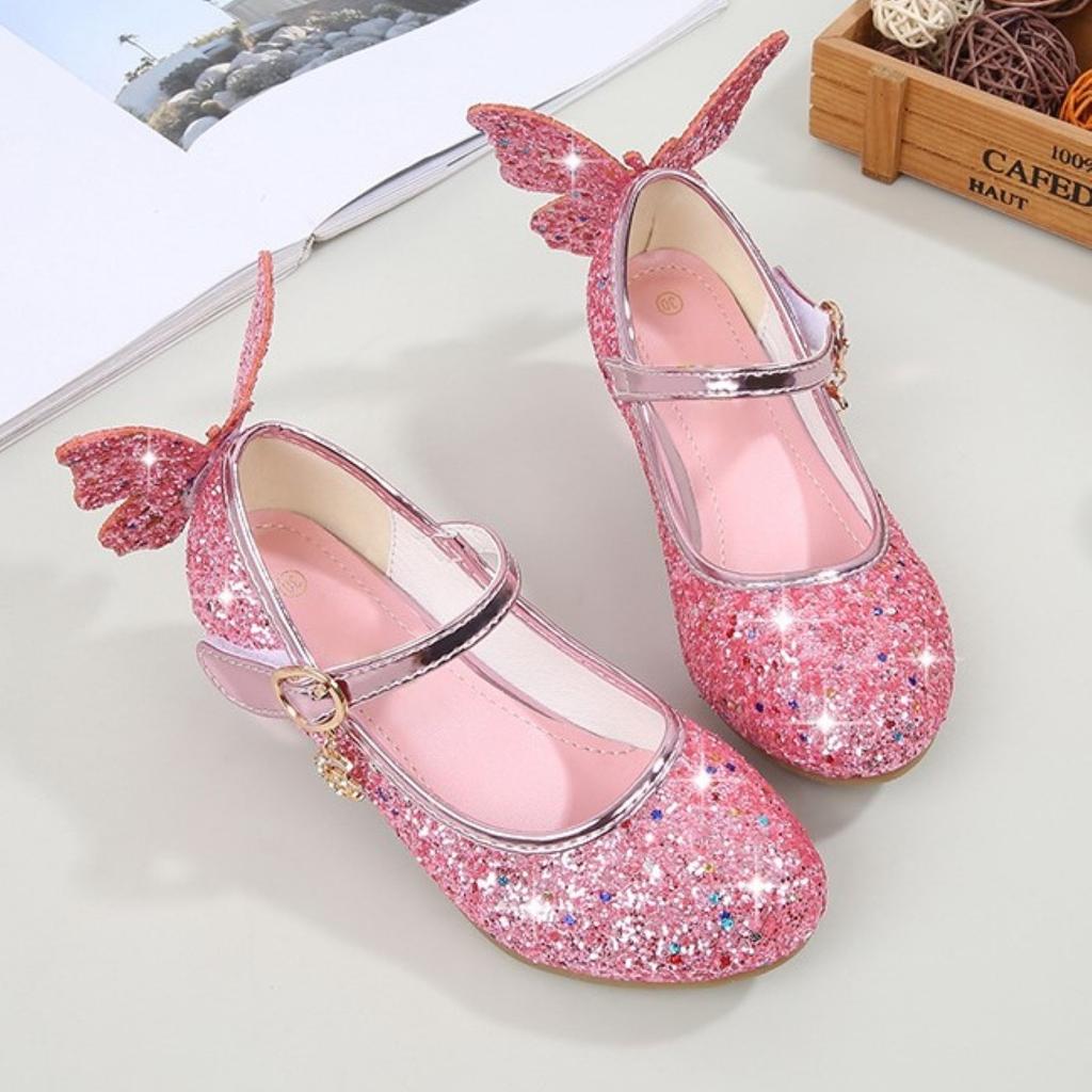 Princess Butterfly Leather Shoes Girls Diamond Bowknot High Heel Children Kid Dance Glitter Shoes Fashion Girls Party Dance Shoe