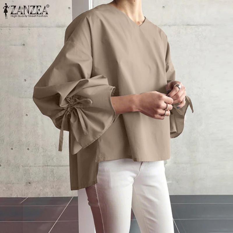 ZANZEA Women Casual V-neck Solid Color 3/4 Loose Blouse