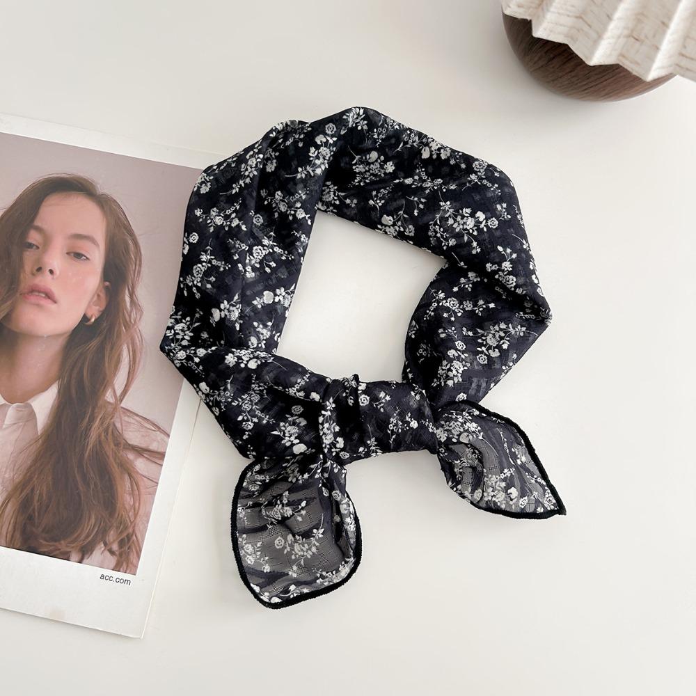 

Double Sides Silk Scarf Floral Print Pattern Head Handkerchief Trendy Bandana Women 1-Black