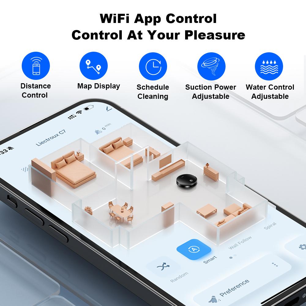 LIECTROUX C7 Robot Vacuum Cleaner AI Map Route,Memory,Super Smart Partition,WiFi App,6000Pa Suction,Electric WaterTank,Wet Mop
