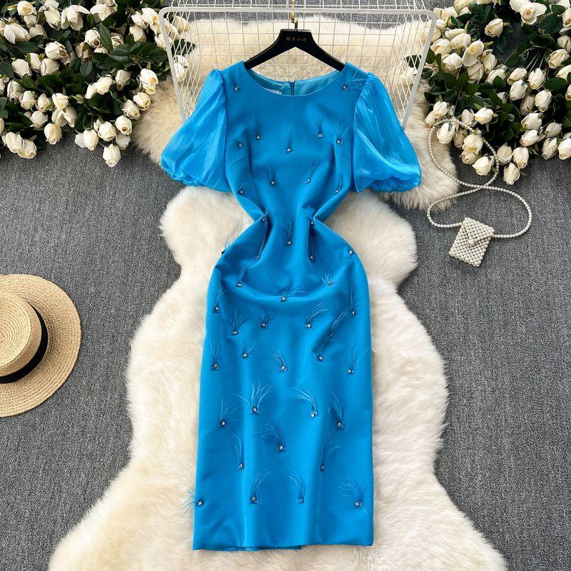 

Французский стиль Нарядное Изысканное Платье с рукавами-буфами из страз Платье Женское Летнее Особый интерес Легкая роскошь Приталенное Подчеркивающее фигуру Длинное платье Blue 3XL