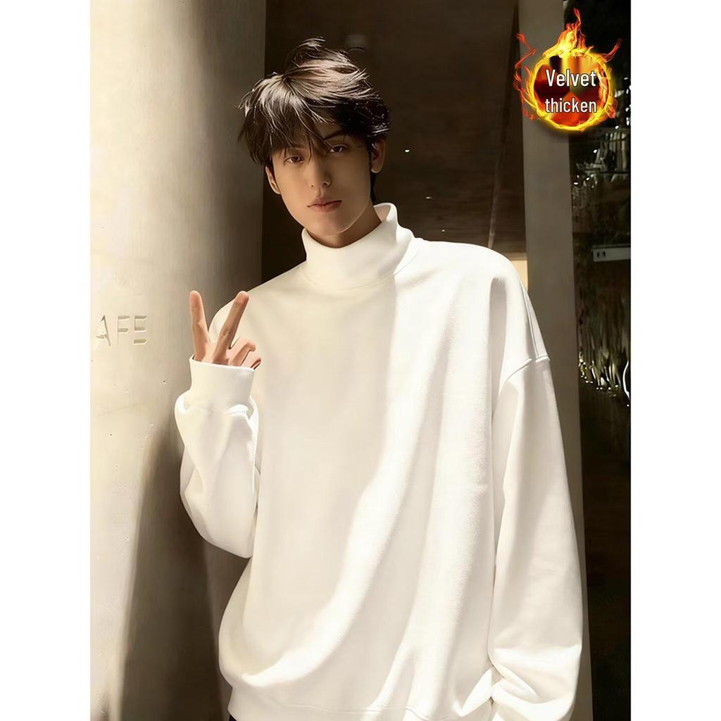 Men's Autumn/Winter Heavyweight Velvet Hoodie with Half-High Collar, Solid Color, American Style, Versatile and Casual.