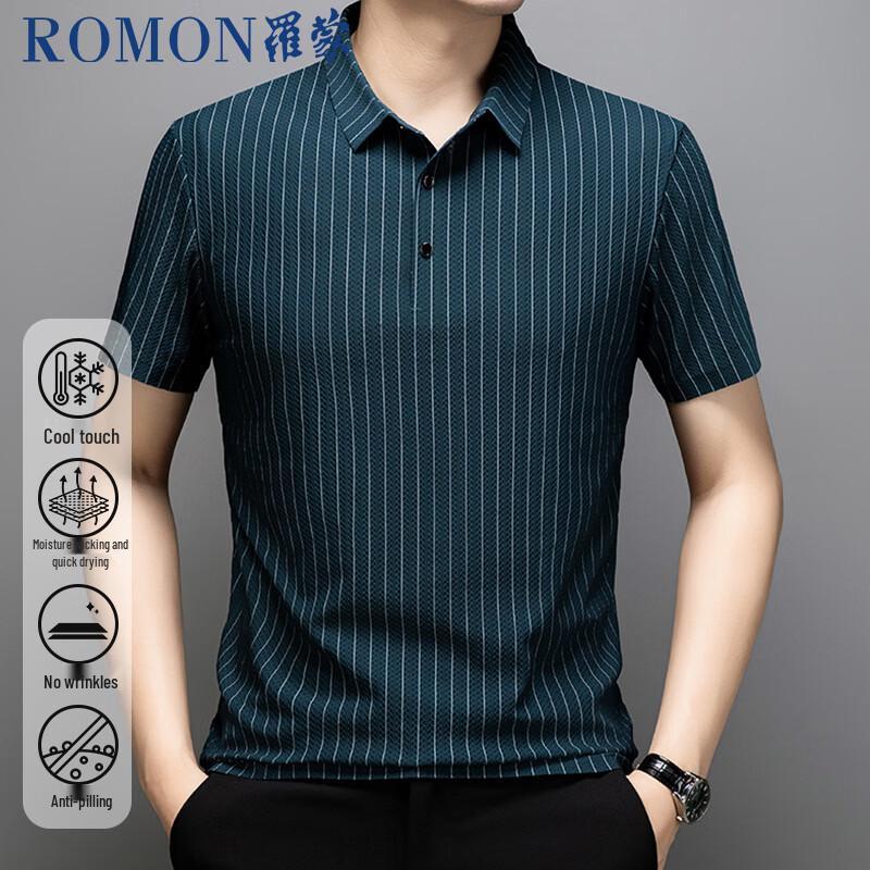Romon Men s Ice Silk Striped Polo Shirt XL