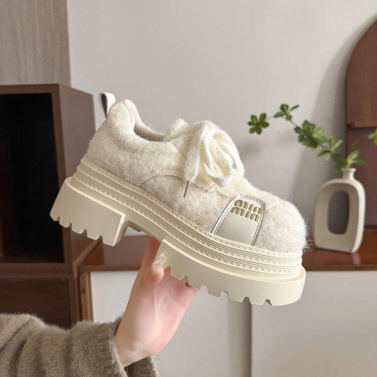 European Golden Velvet Big Head Lace-up Muffin Platform Loafers Women's Versatile Small Height Increase Casual Fluffy Women's Shoes
