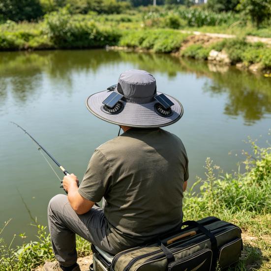 Solar Fan Bucket Hat Adjustable Wide Brim Sun Hat with Built-in Solar Panel Cooling Fan Hiking Fishing UV Protection Hat