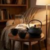 CAST IRON KETTLE 0.8L TEAPOT SET 2x CUPS STAND BLACK