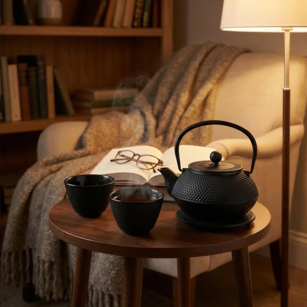 CAST IRON KETTLE 0.8L TEAPOT SET 2x CUPS STAND BLACK