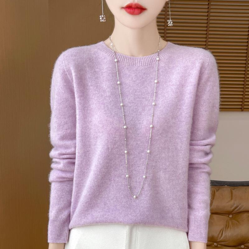 Dámský 100% vlněný pletený svetr s kulatým výstřihem a dlouhým rukávem – Jednobarevný pro podzim a zimu