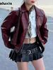 Women's Motorcycle Leather Jacket Regular Fit Plus Size Coat Female Vintage American Style Red Casual Blazer