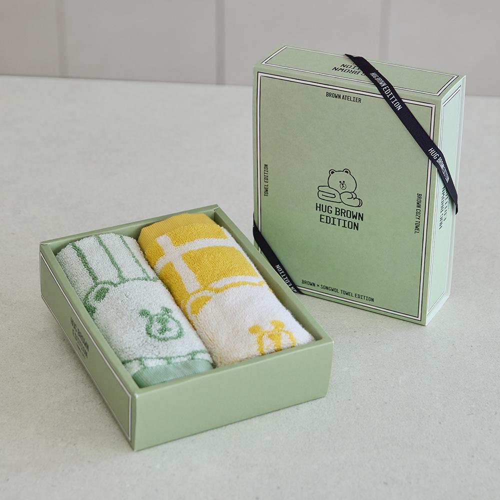 LINE FRIENDS Brown Basic Hand Towel 2-Pack Set (Yellow & Green by Songwol)