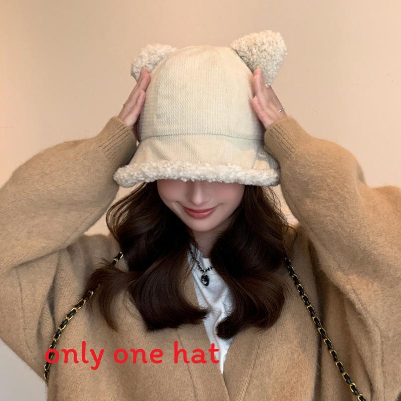 Fall Winter Fleece Bear Bucket Hat With Wide Brim For Girls And Women