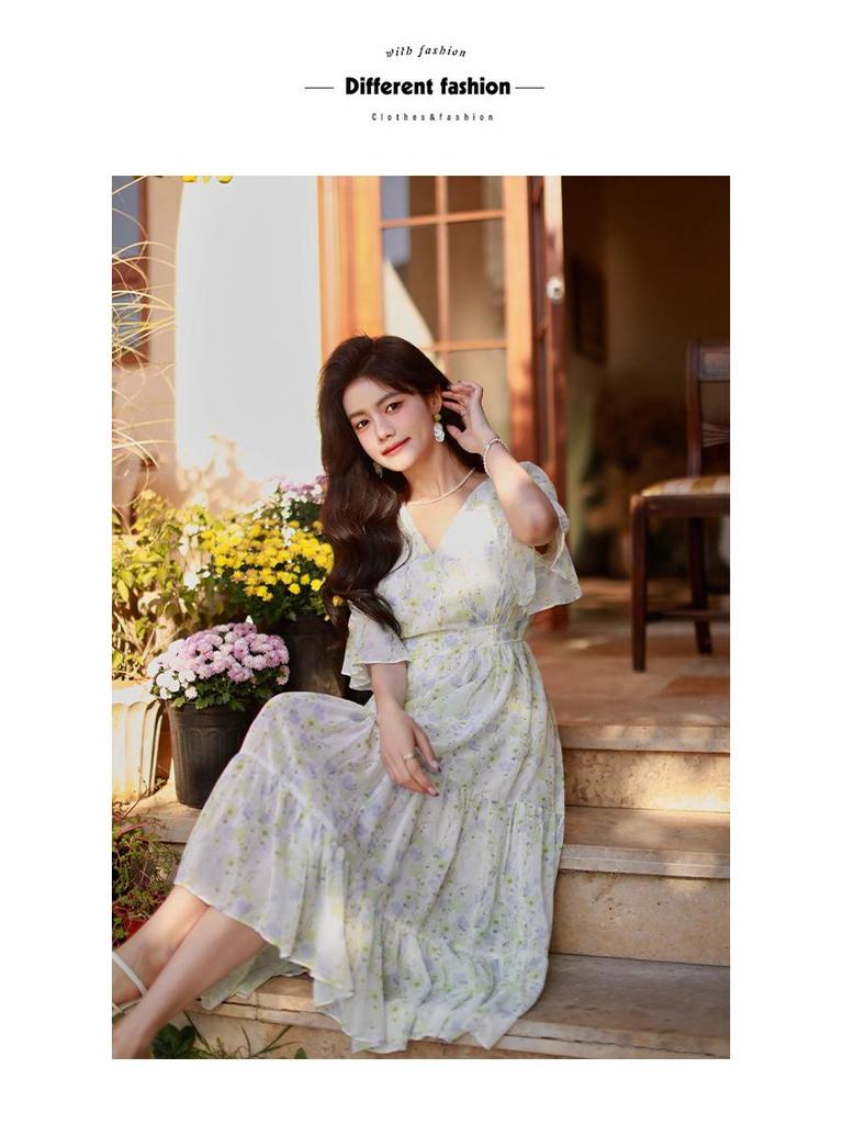 Women's Floral Chiffon Midi Dress - 2024 French Summer Slim Fit