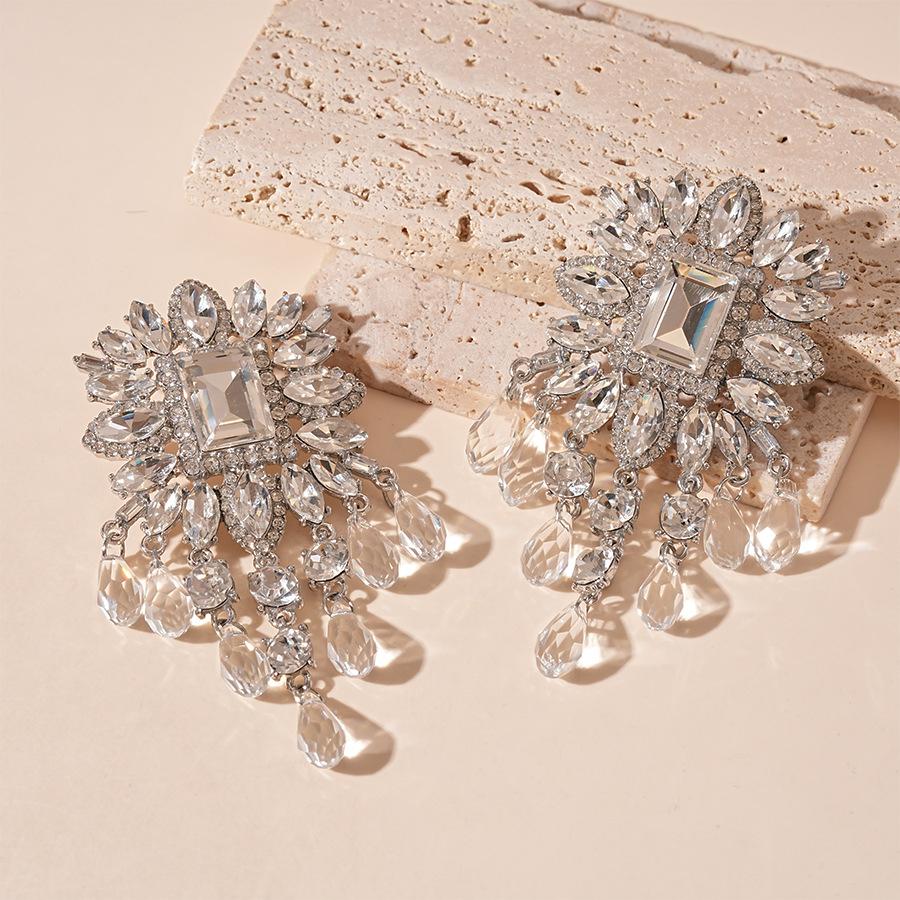 Inlaid Rhinestone Flowers Glass Beads Tassel Earrings for Women Exaggerated Temperament Bride Drop Earring Sparkle Zircon Gift