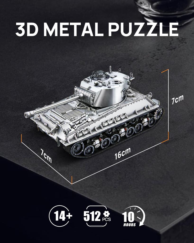 Piececool M4 Sherman Medium Tank 3D Puzzle Assembly No Glue Needed Difficulty 4 Stars Suitable for Adults Collectible (Metal) - Required, - Level