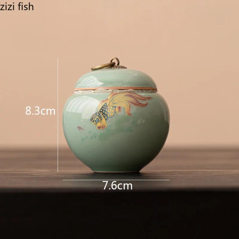 Ru Kiln Ceramic Tea Jar Sealed Jar Creative Koi Small Capacity Green Tea Black Tea Storage Jar Portable Household Storage Jars