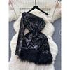 Fancy Dress Skirt Classy Light Luxury Minority One-Shoulder Cold-Shoulder Long-Sleeved, Slim-Fit, Short Sequin Furry Dress Women