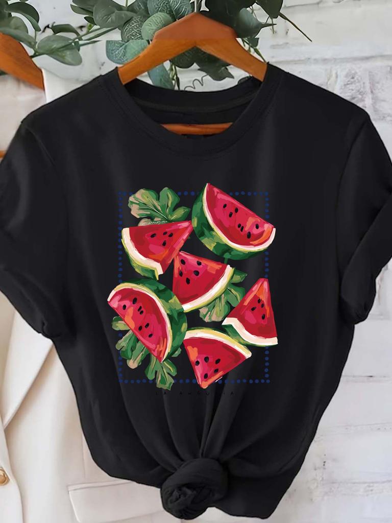 Watermelon Print Minimalist Style Tshirt For Summer Unisexs Casual Round Neck Short Sleeved Top Daily Soft Clothing