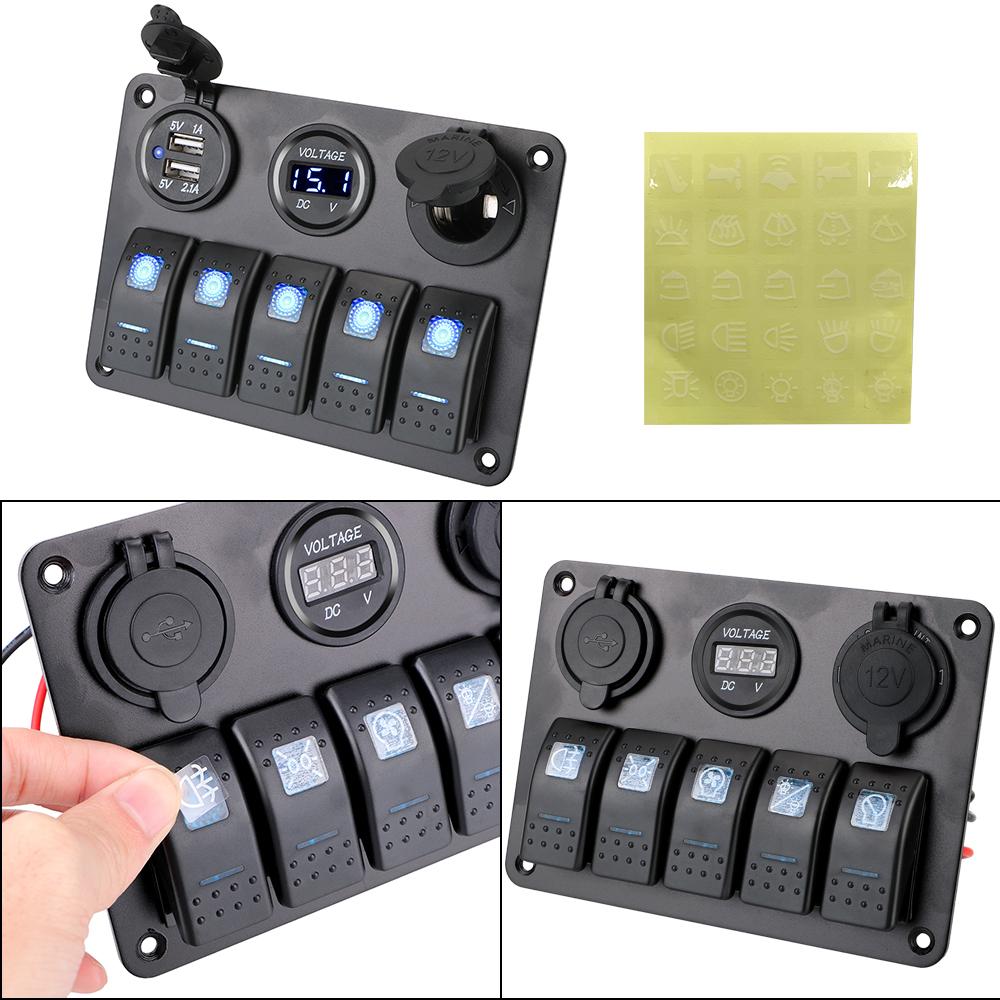 Dobbel USB-sporsocket 12/24V uttak Kombinasjon Digital spenning Vanntett for Marine Car Rv Vehicles Lastebil med sikring 5 Gangs LED Vippebryterpanel