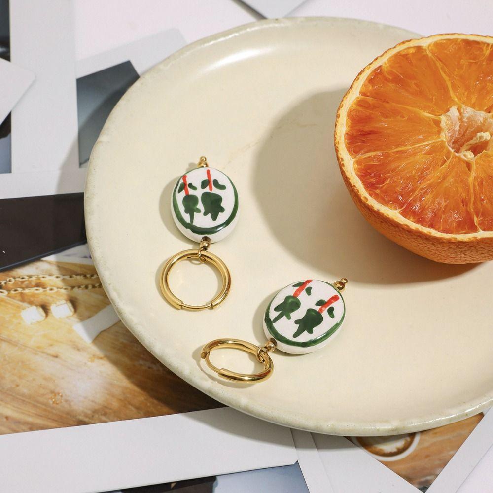 Dripping Oil Blue and White Porcelain Earrings Stainless Steel Gold Hoop Earrings  Women