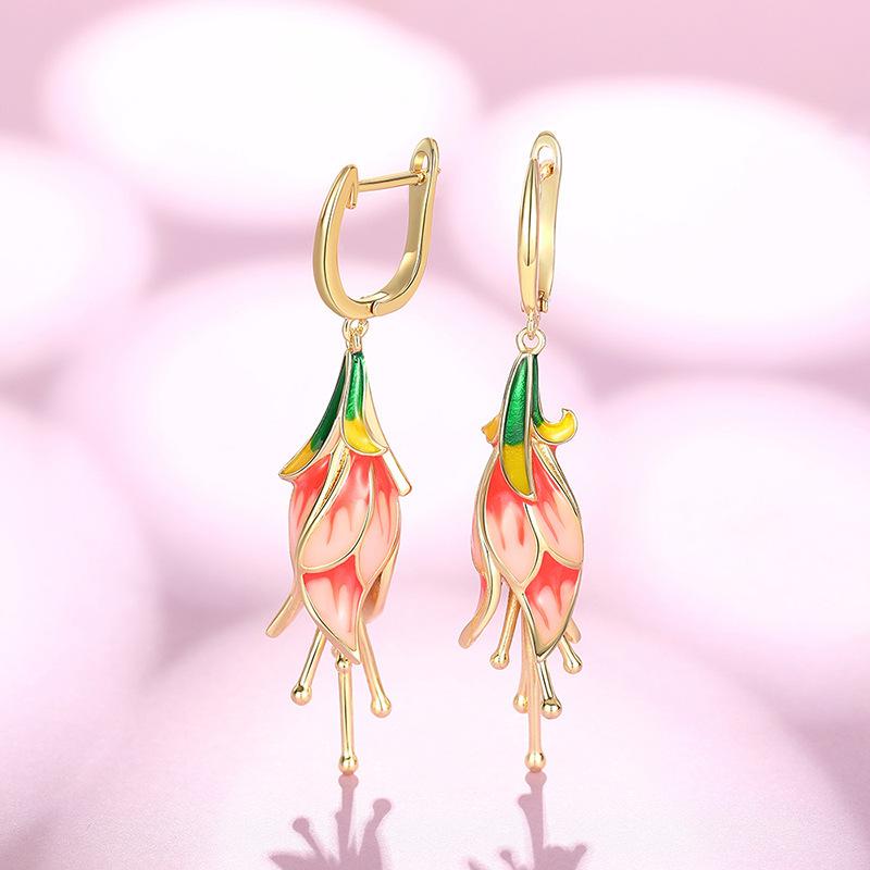 Pendientes de flores de gloria de la mañana para mujer, pendientes de diseño realista con gotas de aceite, pendientes pastorales de moda