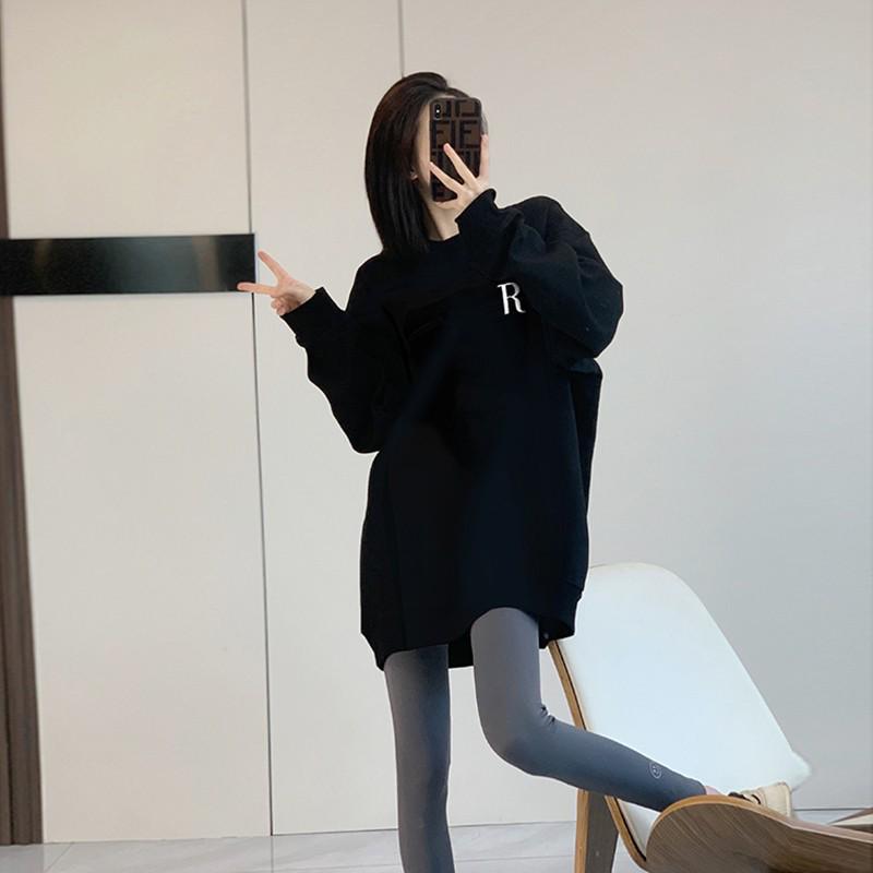 Women's Black Oversized Long Sleeve T-Shirt Sweatshirt - Korean Style, Mid-Length, Hip-Covering for Spring and Autumn