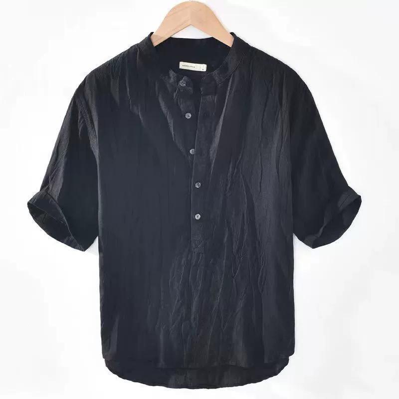 

Men s Retro 100% Linen Leisure Solid Color Short-Sleeved Top, Raw Linen V-neck Slightly Wrinkled T-shirt, Original Ecology 3XL чорний