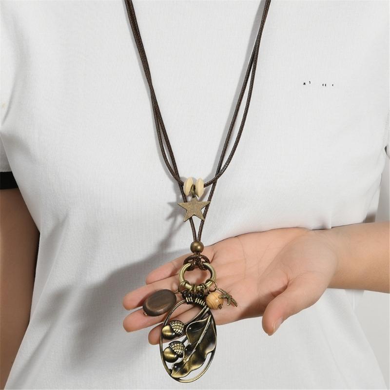 Handmade Waxed Cord Necklace Featuring Alloy Pendant And Natural Wood Beads Jewelry For Sensitive Skin