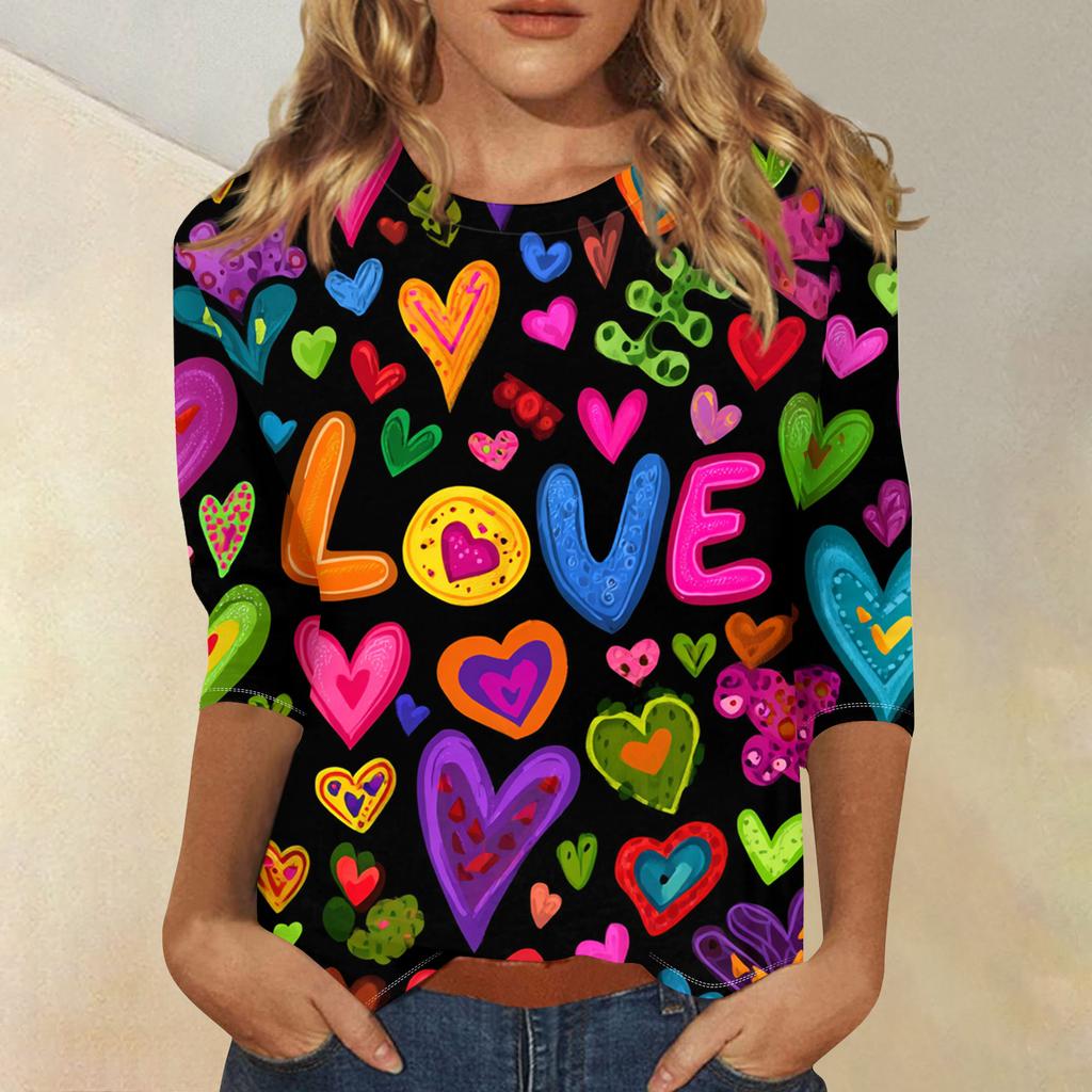 Women's Fashionable Casual Three,quarter Sleeve Heart,shaped Printed Round,neck Top
