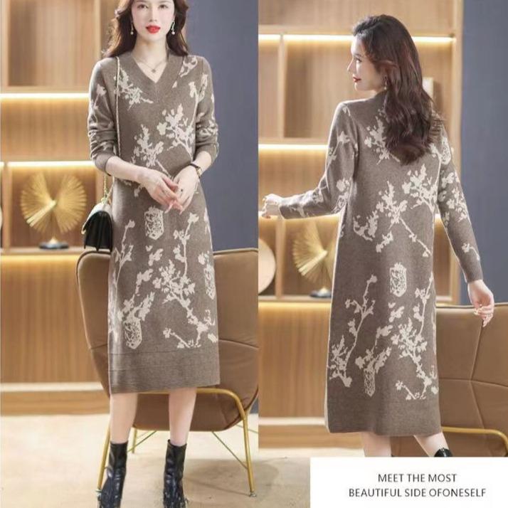 Jacquard V-Ausschnitt Strickkleid für Damen Midilänge Lockerer Pulloverkleid für Herbst und Winter Lässiger Strickpullover