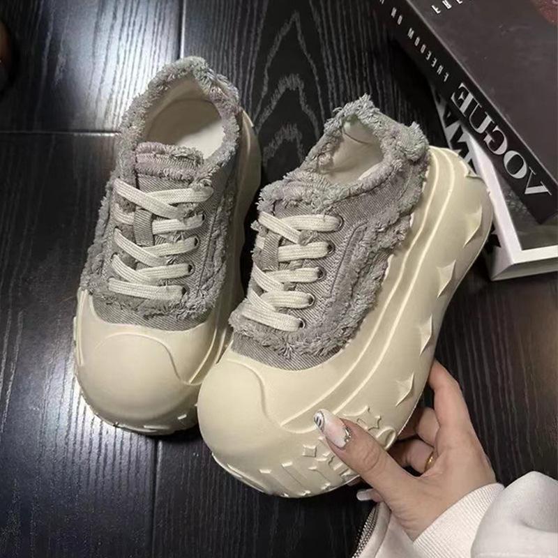 

2025 summer new ins super fire denim lace-up platform muffin casual shoes board shoes dissolving shoes women s shoes 40 серый