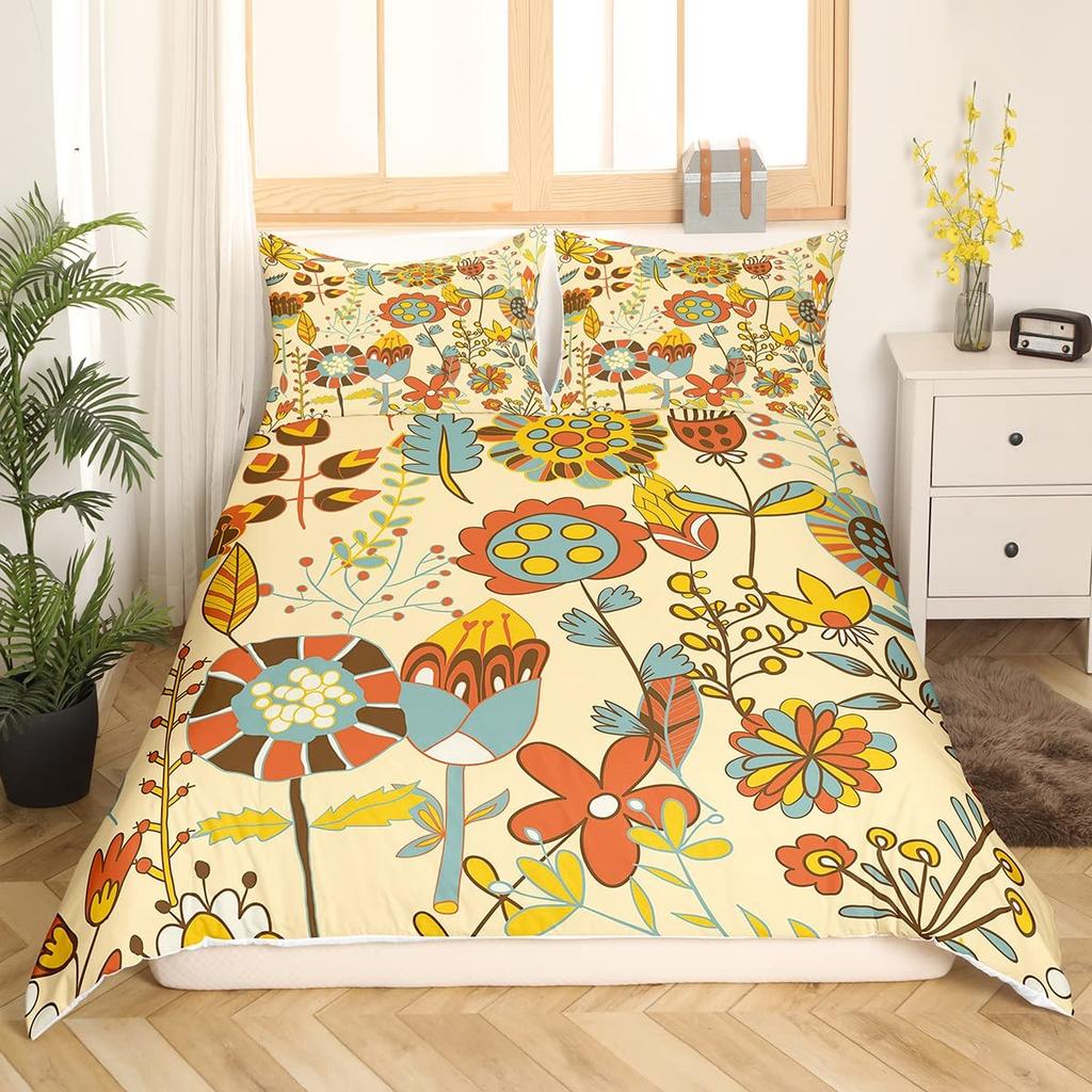 Retro Flowers King Queen Bedding Set Cartoon Vintage Floral Duvet Cover Boho Abstract Quilt Cover Soft Polyester Comforter Cover