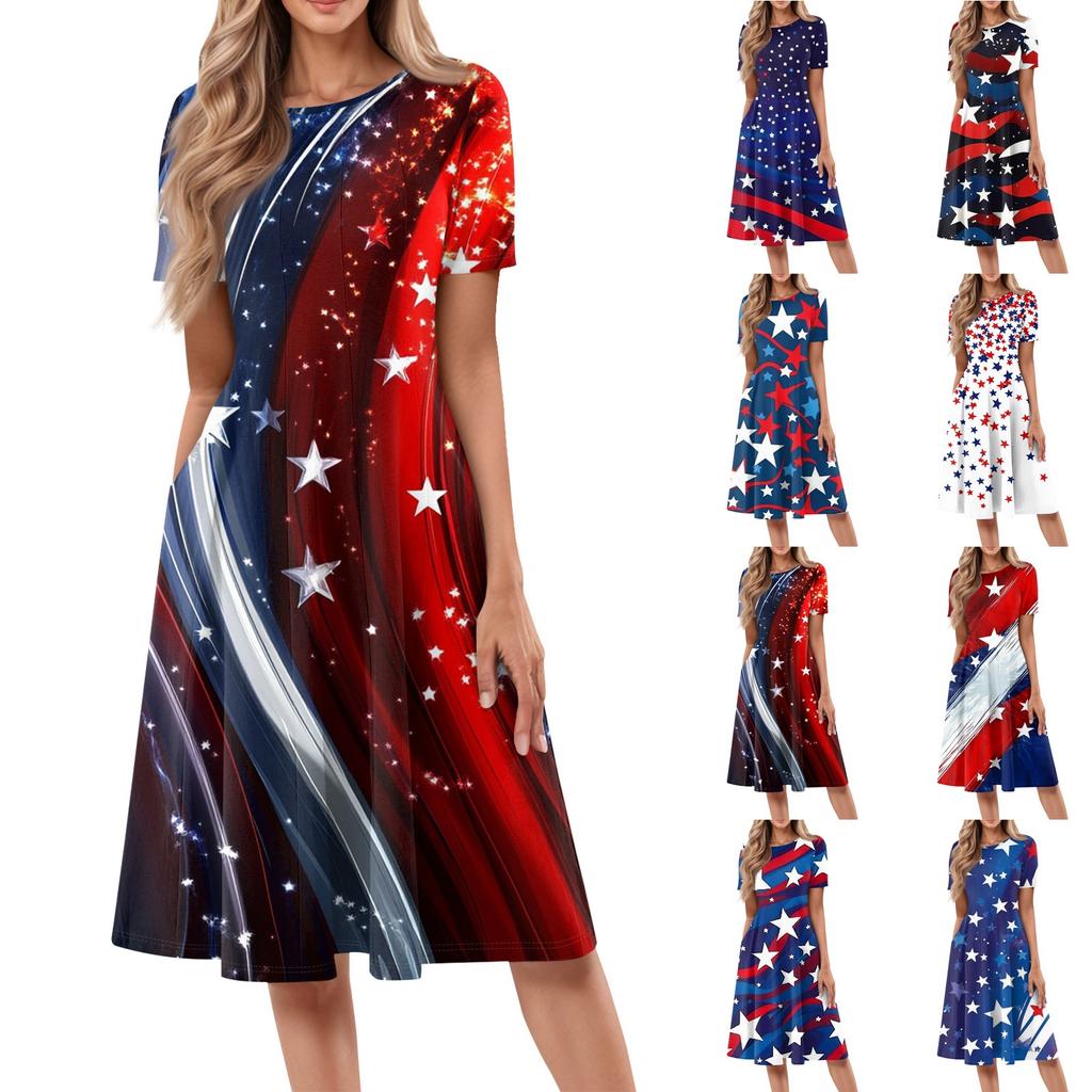 Women's Casual Fashion Round Neck Short Sleeve Print Midi Dress