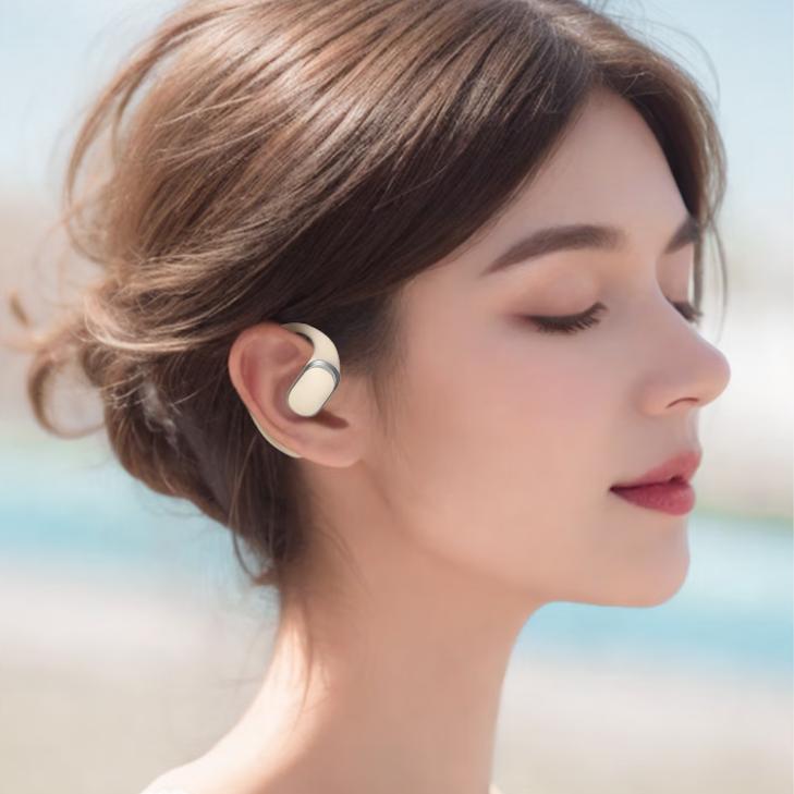 PVF Bluetooth Headphones, Ear-Hook Bone Conduction Concept, Open-Style Non-In Wireless, Noise-Cancelling Ear Clips, White