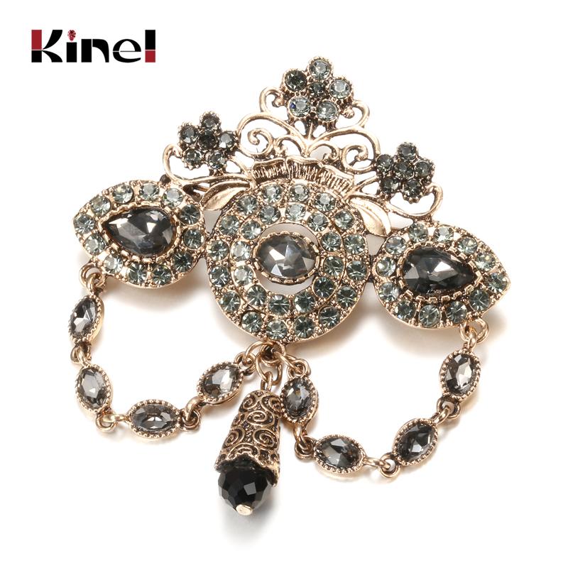 Fashion Boho Crown Brooch For Women Antique Gold Color Full Gray Crystal Moroccan Wedding Jewelry African Bridal Bijoux
