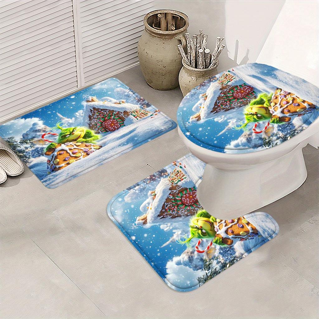 The Grinch Christmas Bathroom Set With Shower Curtain, Toilet Lid Cover & Mats | Snowy Christmas Scene | Festive Holiday Decor